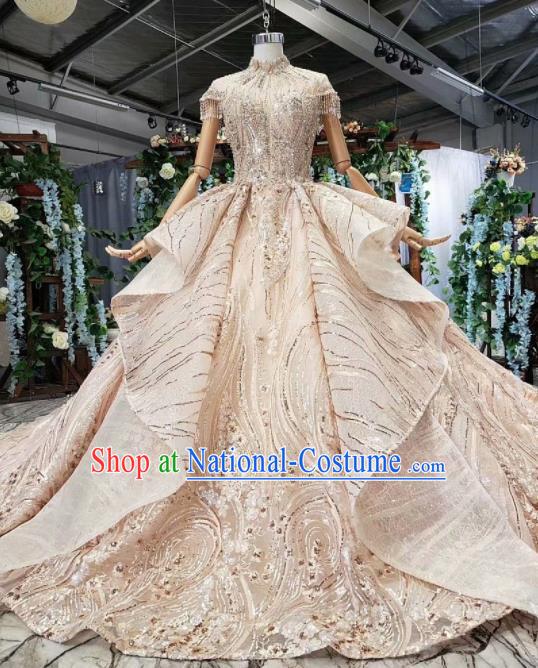 Top Grade Customize Bride Champagne Lace Trailing Full Dress Court Princess Wedding Costume for Women