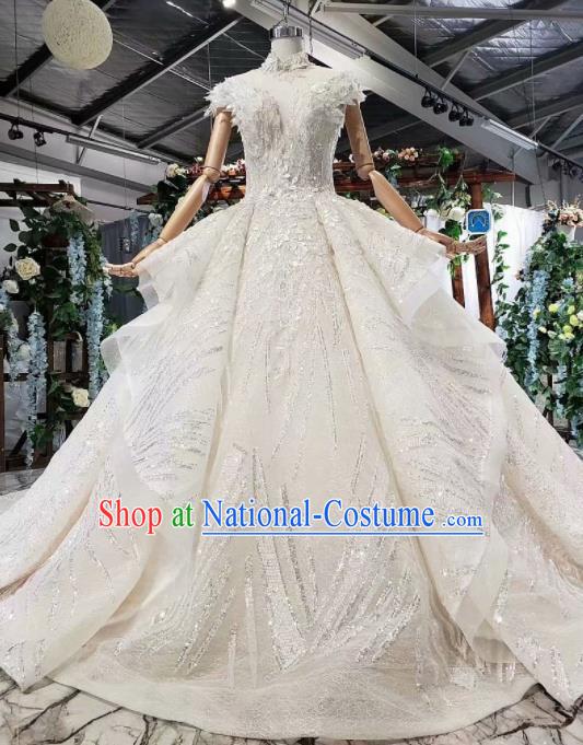 Top Grade Customize Bride White Sequins Trailing Full Dress Court Princess Wedding Costume for Women