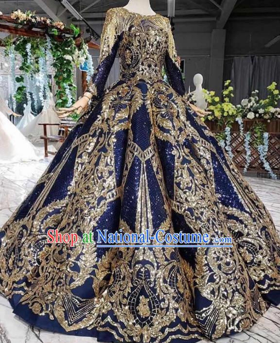 Top Grade Customize Golden Sequins Royalblue Full Dress Court Princess Waltz Dance Costume for Women