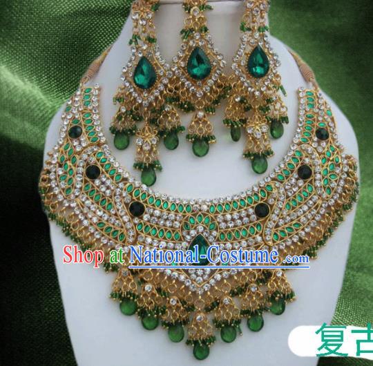 Traditional Indian Wedding Accessories Bollywood Green Crystal Necklace Earrings and Hair Clasp for Women