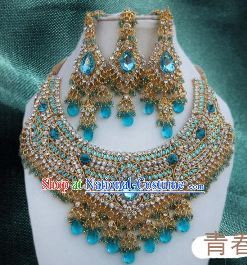 Traditional Indian Wedding Accessories Bollywood Blue Crystal Necklace Earrings and Hair Clasp for Women