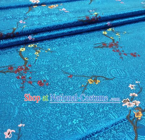 Chinese Traditional Hanfu Silk Fabric Classical Plum Blossom Pattern Design Blue Brocade Tang Suit Fabric Material