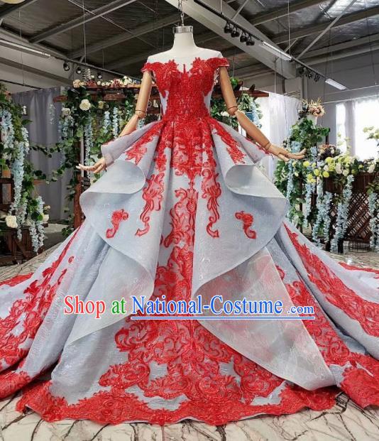 Top Grade Customize Embroidered Red Lace Trailing Full Dress Court Princess Waltz Dance Costume for Women