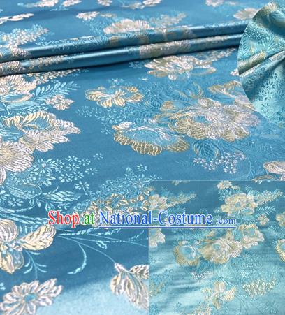 Chinese Traditional Hanfu Silk Fabric Classical Peony Pattern Design Blue Brocade Tang Suit Fabric Material