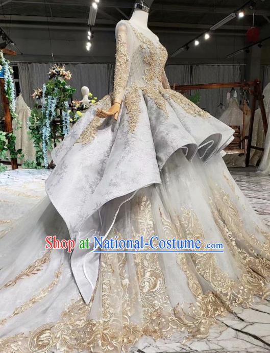 Top Grade Customize Embroidered Grey Trailing Full Dress Court Princess Waltz Dance Costume for Women