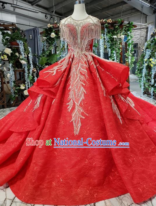 Top Grade Customize Embroidered Red Trailing Full Dress Court Princess Waltz Dance Costume for Women