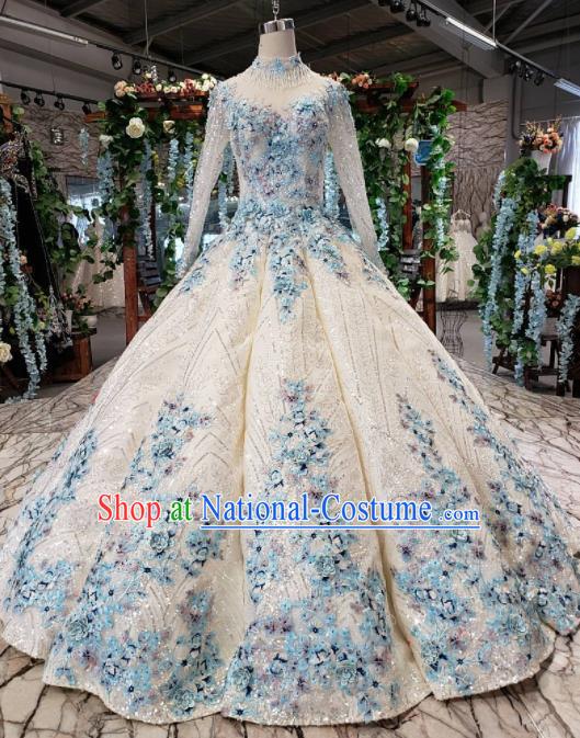 Handmade Customize Bride Embroidered Blue Flowers Trailing Full Dress Court Princess Wedding Costume for Women