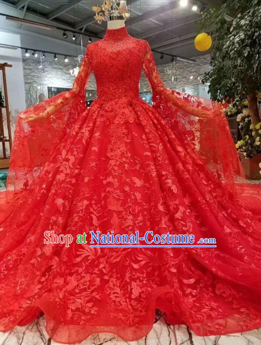 Chinese Customize Court Embroidered Red Lace Trailing Wedding Dress Top Grade Bride Costume for Women