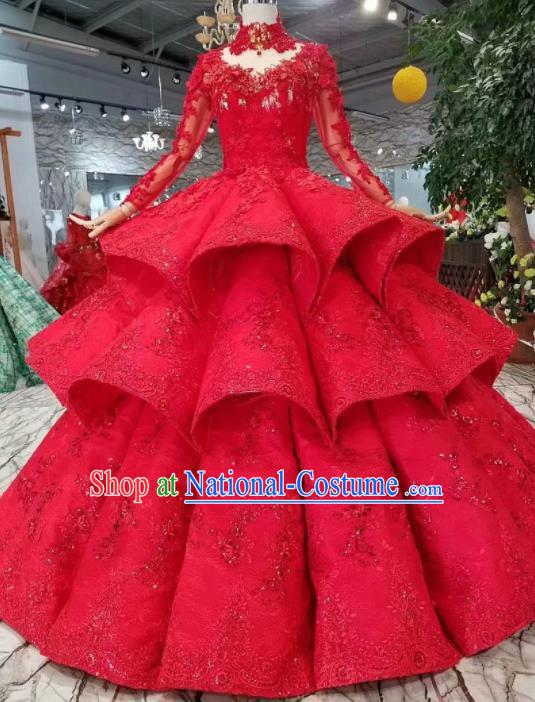 Top Grade Customize Catwalks Red Lace Full Dress Court Princess Waltz Dance Costume for Women