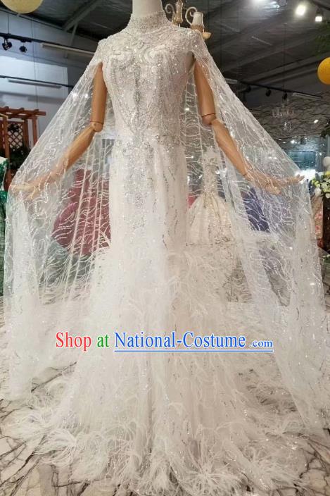 Customize Handmade Princess White feather Fishtail Dress Wedding Court Bride Costume for Women