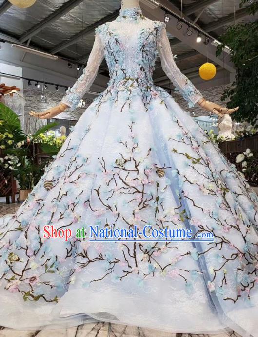 Top Grade Customize Catwalks Embroidered Blue Full Dress Court Princess Waltz Dance Costume for Women