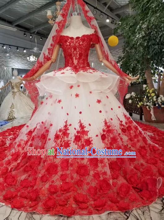 Top Grade Customize Catwalks Embroidered Red Flowers Full Dress Court Princess Waltz Dance Costume for Women