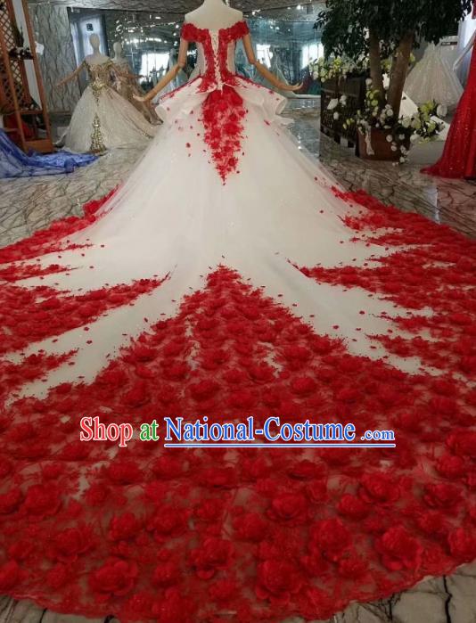 Top Grade Customize Catwalks Embroidered Red Flowers Full Dress Court Princess Waltz Dance Costume for Women