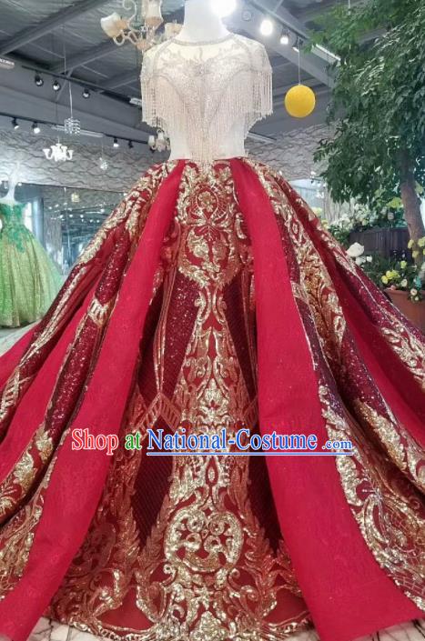 Top Grade Customize Catwalks Embroidered Wine Red Full Dress Court Princess Waltz Dance Costume for Women