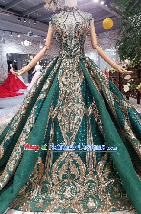 Top Grade Customize Catwalks Embroidered Green Full Dress Court Princess Waltz Dance Costume for Women