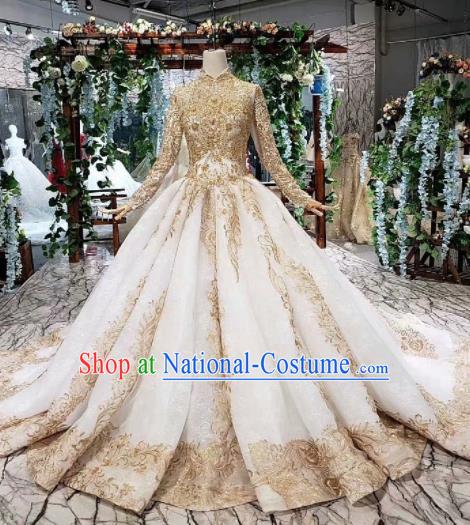 Handmade Customize Embroidered Court Trailing Wedding Dress Princess Bride Costume for Women