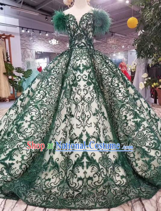 Top Grade Customize Catwalks Embroidered Green Lace Full Dress Court Princess Waltz Dance Costume for Women