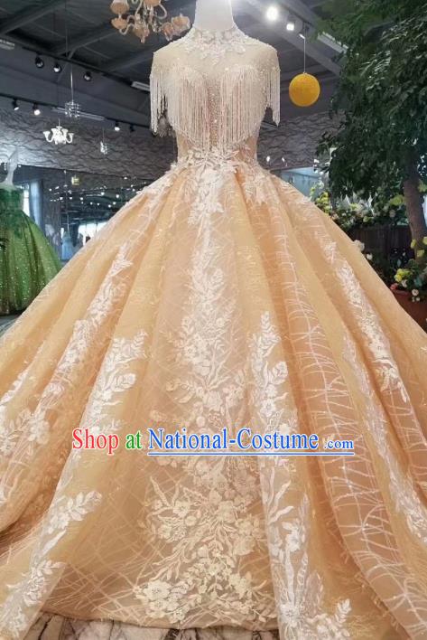 Customize Handmade Princess Champagne Trailing Dress Wedding Court Bride Costume for Women