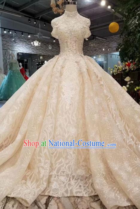 Customize Handmade Princess Champagne Lace Trailing Dress Wedding Court Bride Costume for Women