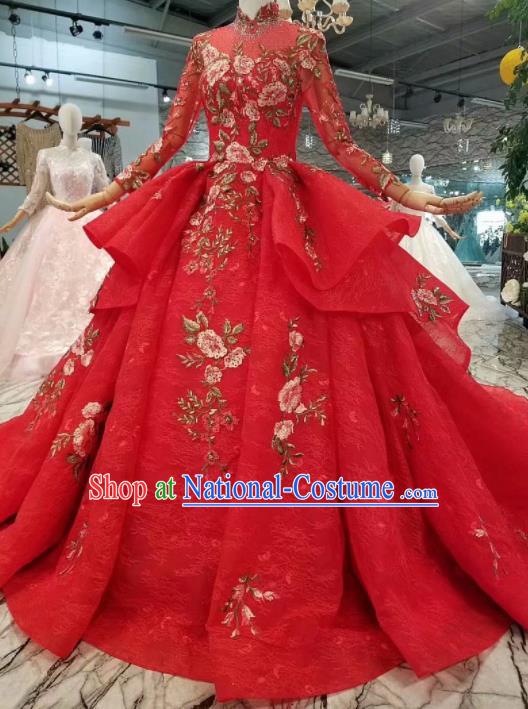 Top Grade Customize Catwalks Red Veil Trailing Full Dress Court Princess Waltz Dance Costume for Women