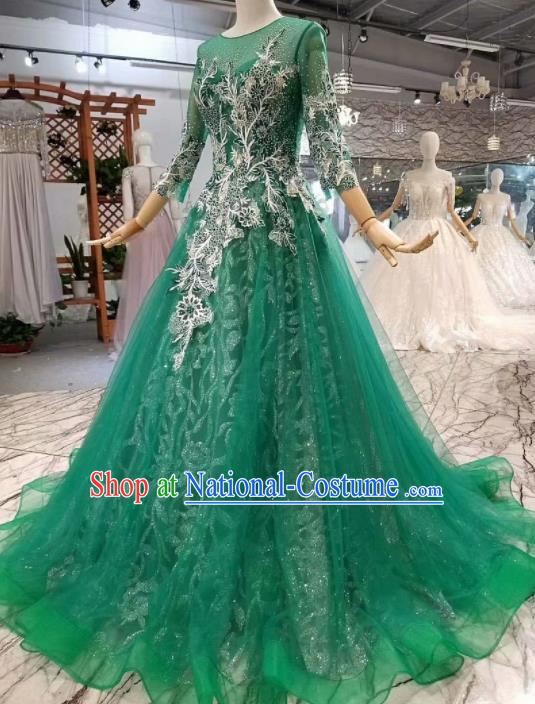 Top Grade Customize Modern Fancywork Green Veil Full Dress Court Princess Waltz Dance Costume for Women