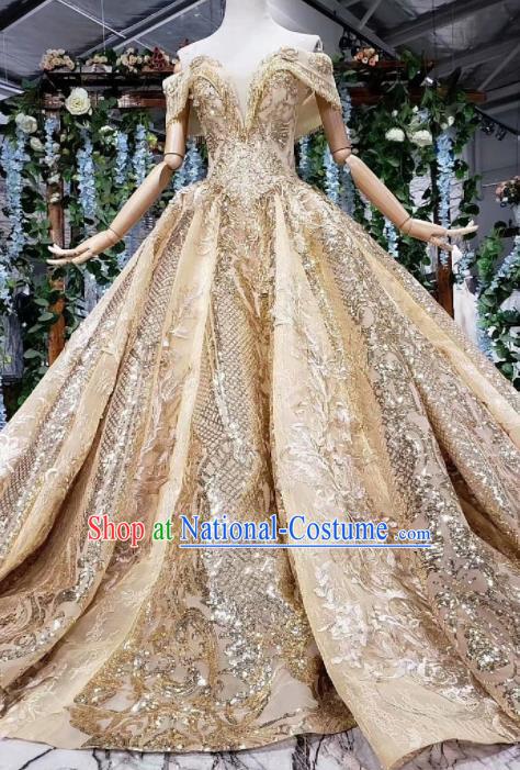 Top Grade Customize Embroidered Golden Trailing Full Dress Court Princess Waltz Dance Costume for Women