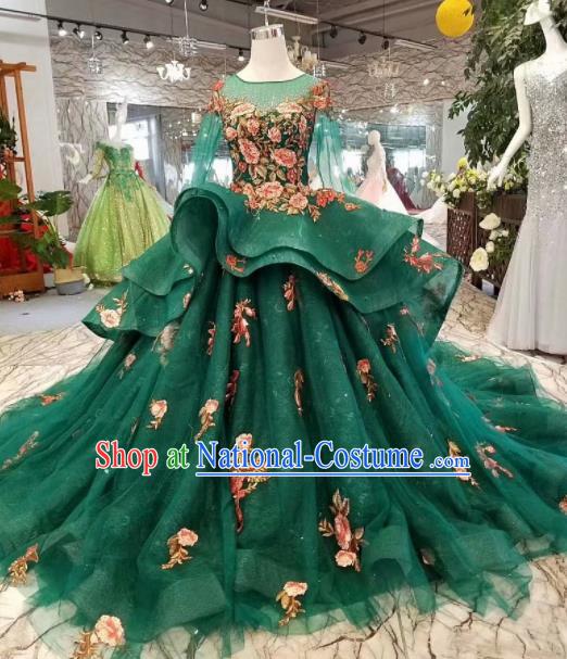 Top Grade Customize Embroidered Peony Green Trailing Full Dress Court Princess Waltz Dance Costume for Women