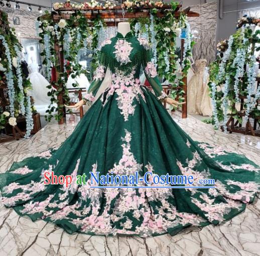 Customize Embroidered Deep Green Veil Trailing Full Dress Top Grade Court Princess Waltz Dance Costume for Women