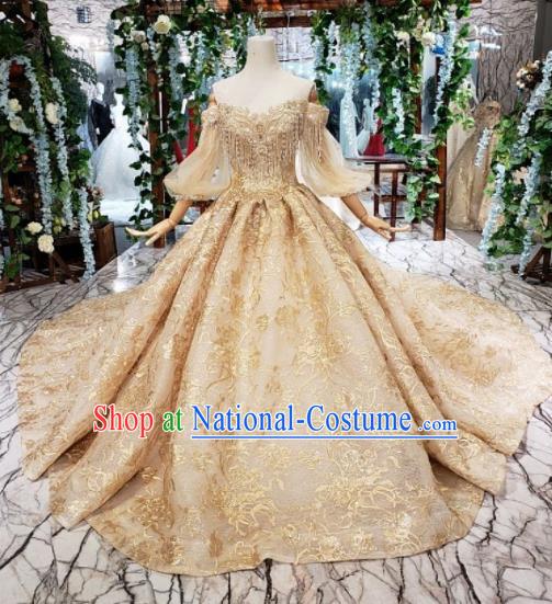 Customize Embroidered Golden Veil Trailing Full Dress Top Grade Court Princess Waltz Dance Costume for Women