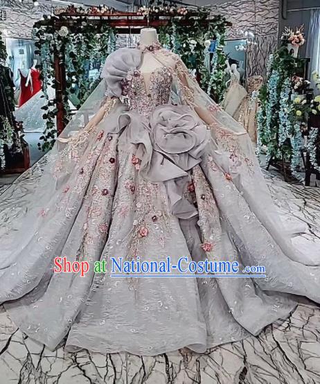 Customize Embroidered Grey Veil Trailing Full Dress Top Grade Court Princess Waltz Dance Costume for Women