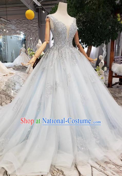 Customize Embroidered Diamante Blue Veil Trailing Full Dress Top Grade Court Princess Waltz Dance Costume for Women