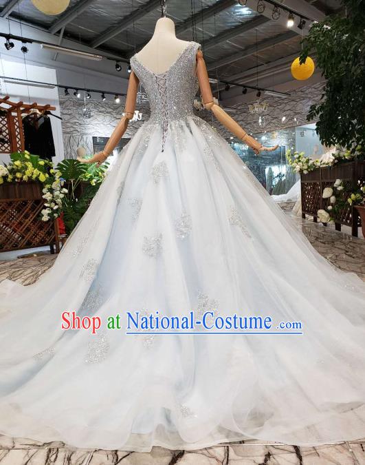 Customize Embroidered Diamante Blue Veil Trailing Full Dress Top Grade Court Princess Waltz Dance Costume for Women