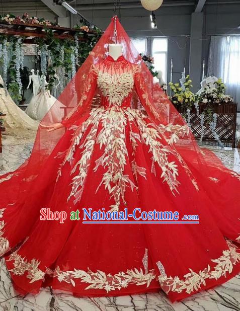 Chinese Customize Embroidered Red Trailing Wedding Dress Top Grade Court Bride Costume for Women