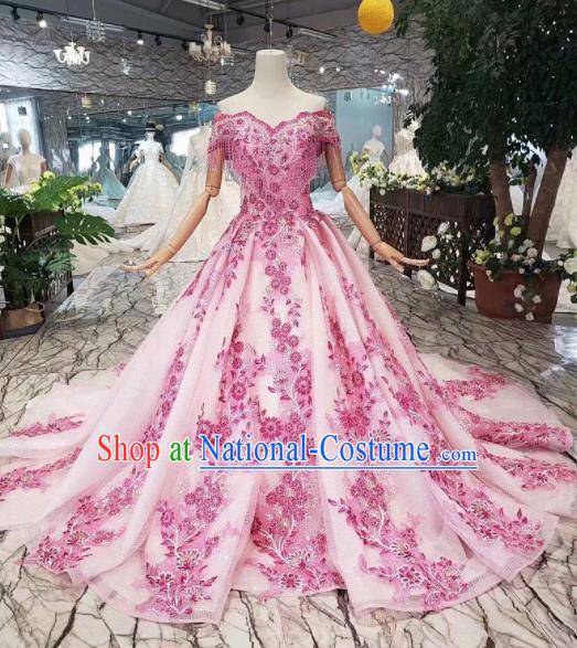 Customize Embroidered Rosy Lace Trailing Full Dress Top Grade Court Princess Waltz Dance Costume for Women