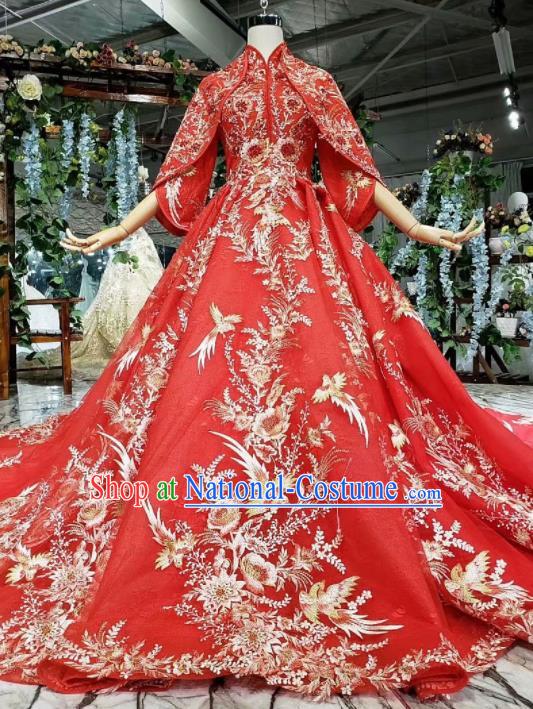 Chinese Customize Embroidered Court Red Trailing Wedding Dress Top Grade Bride Costume for Women