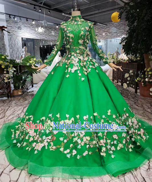 Customize Embroidered Green Veil Trailing Full Dress Top Grade Court Princess Waltz Dance Costume for Women