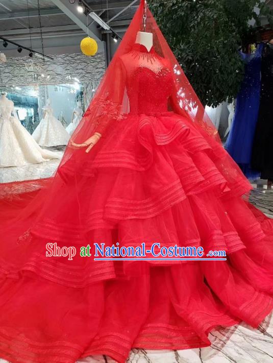 Customize Red Veil Trailing Full Dress Top Grade Court Princess Waltz Dance Costume for Women