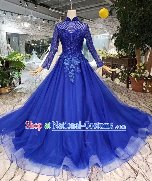 Customize Royalblue Veil Trailing Full Dress Top Grade Court Princess Waltz Dance Costume for Women