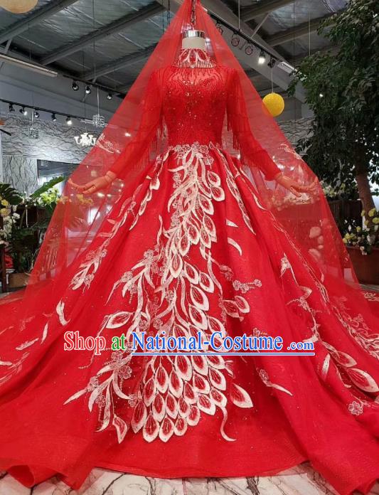 Chinese Customize Court Embroidered Red Veil Trailing Wedding Dress Top Grade Bride Costume for Women