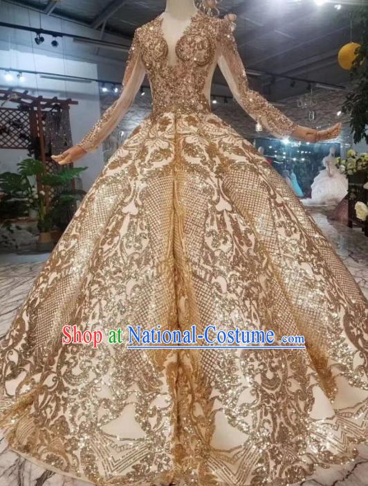 Customize Embroidered Golden Trailing Full Dress Top Grade Court Princess Waltz Dance Costume for Women