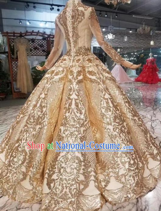 Customize Embroidered Golden Trailing Full Dress Top Grade Court Princess Waltz Dance Costume for Women