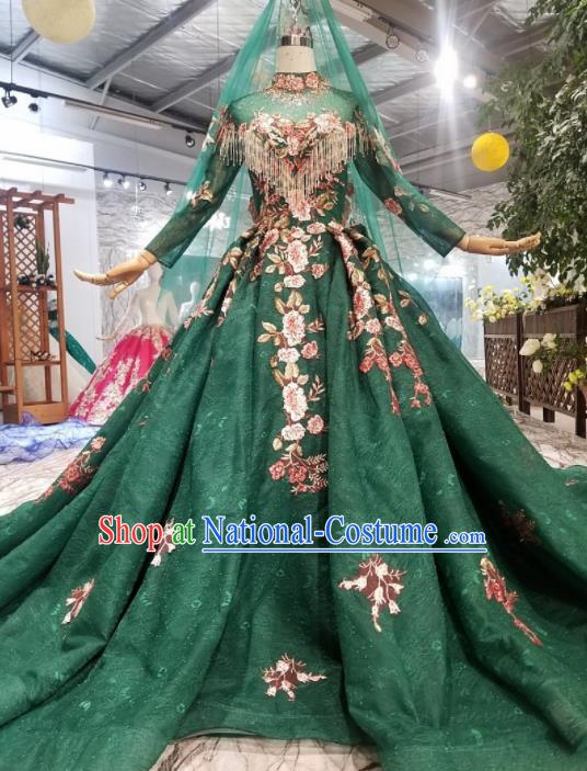 Customize Embroidered Green Veil Trailing Full Dress Top Grade Court Princess Waltz Dance Costume for Women