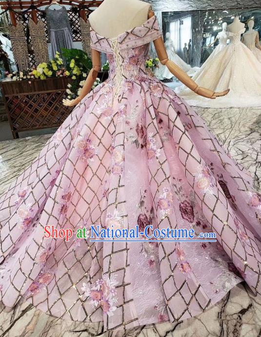 Customize Embroidered Pink Veil Trailing Full Dress Top Grade Court Princess Waltz Dance Costume for Women