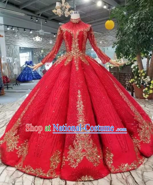 Top Grade Customize Catwalks Red Full Dress Court Princess Waltz Dance Costume for Women