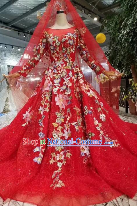 Top Grade Customize Catwalks Red Veil Trailing Full Dress Court Princess Waltz Dance Costume for Women