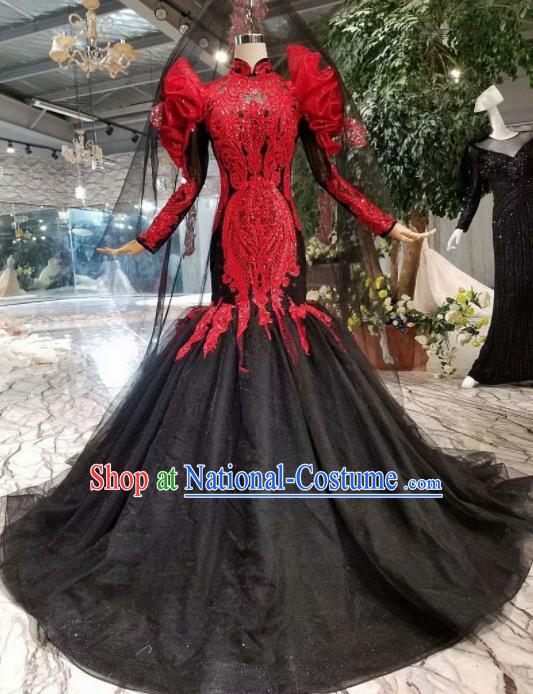 Top Grade Customize Catwalks Black Veil Mermaid Full Dress Court Princess Waltz Dance Costume for Women