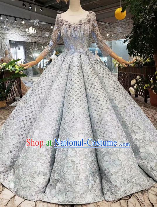 Customize Embroidered Blue Full Dress Top Grade Court Princess Waltz Dance Costume for Women