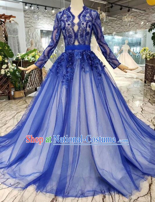 Customize Embroidered Royalblue Veil Full Dress Top Grade Court Princess Waltz Dance Costume for Women