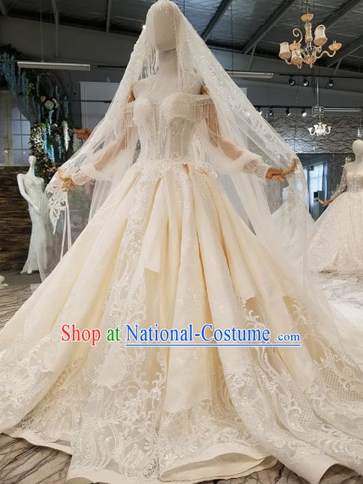 Customize Handmade Princess Embroidered White Lace Trailing Dress Wedding Court Bride Costume for Women