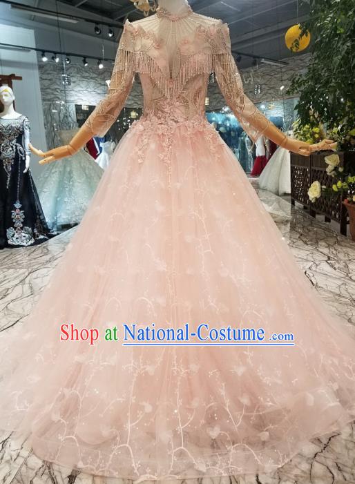 Top Grade Customize Modern Fancywork Pink Beads Tassel Full Dress Court Princess Waltz Dance Costume for Women